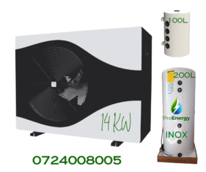 Pachet :Pompă de căldură 14kW + Boiler din inox 200L + Puffer 100L